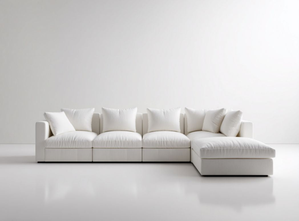 Curved sectional sofa with fabric upholstery and leather accents 220 x 180 x 85cm