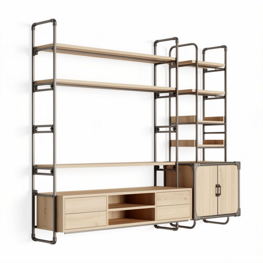 Industrial style wood and metal bookshelf storage unit 150 x 30 x 200cm