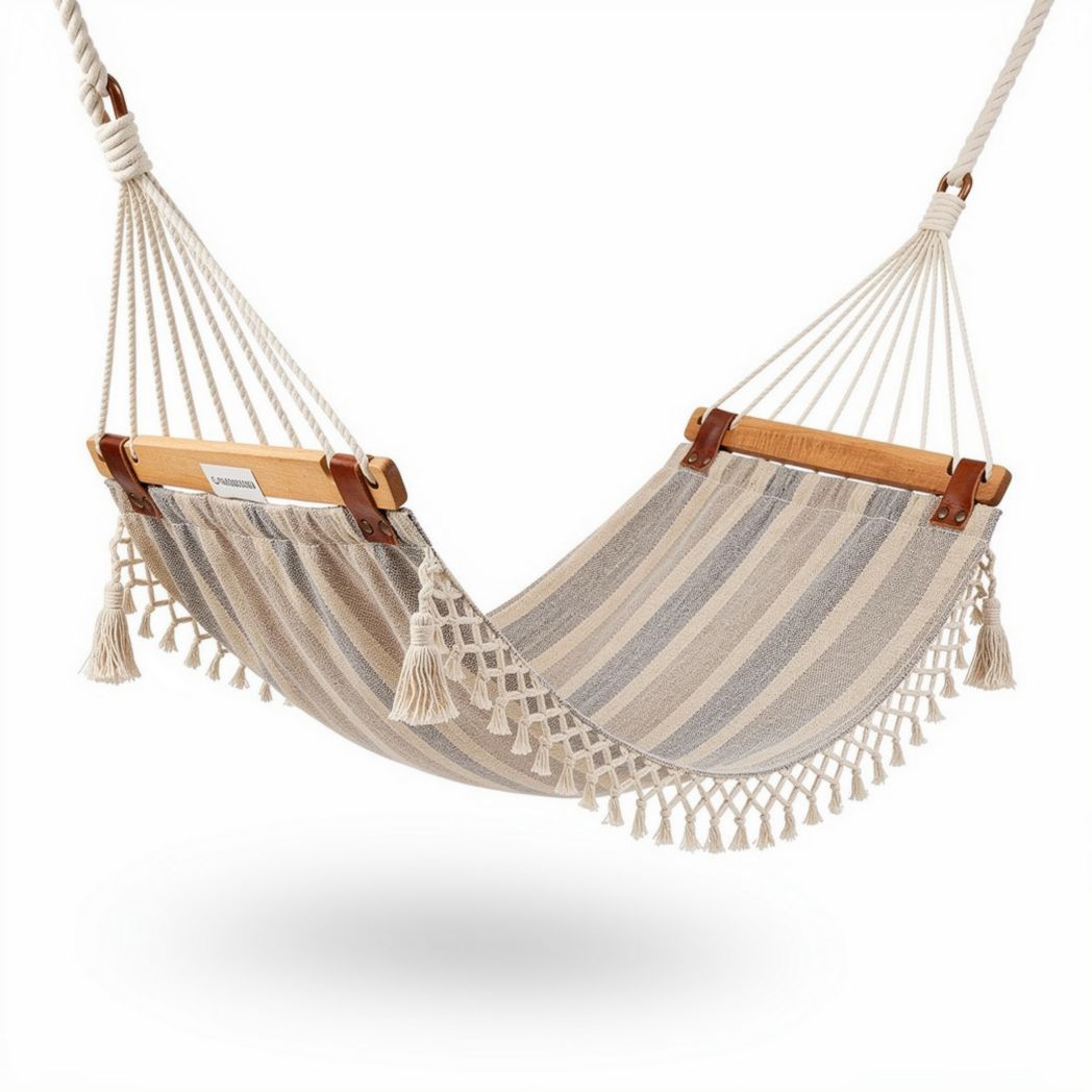 Macrame hammock in off-white cotton with fringe detailing 120 x 80 x 30cm