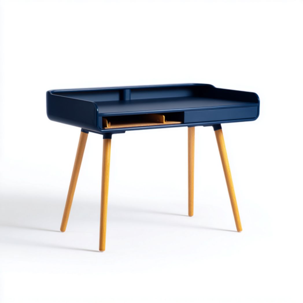 Green plastic side table with wooden legs and drawer 60 x 40 x 45cm