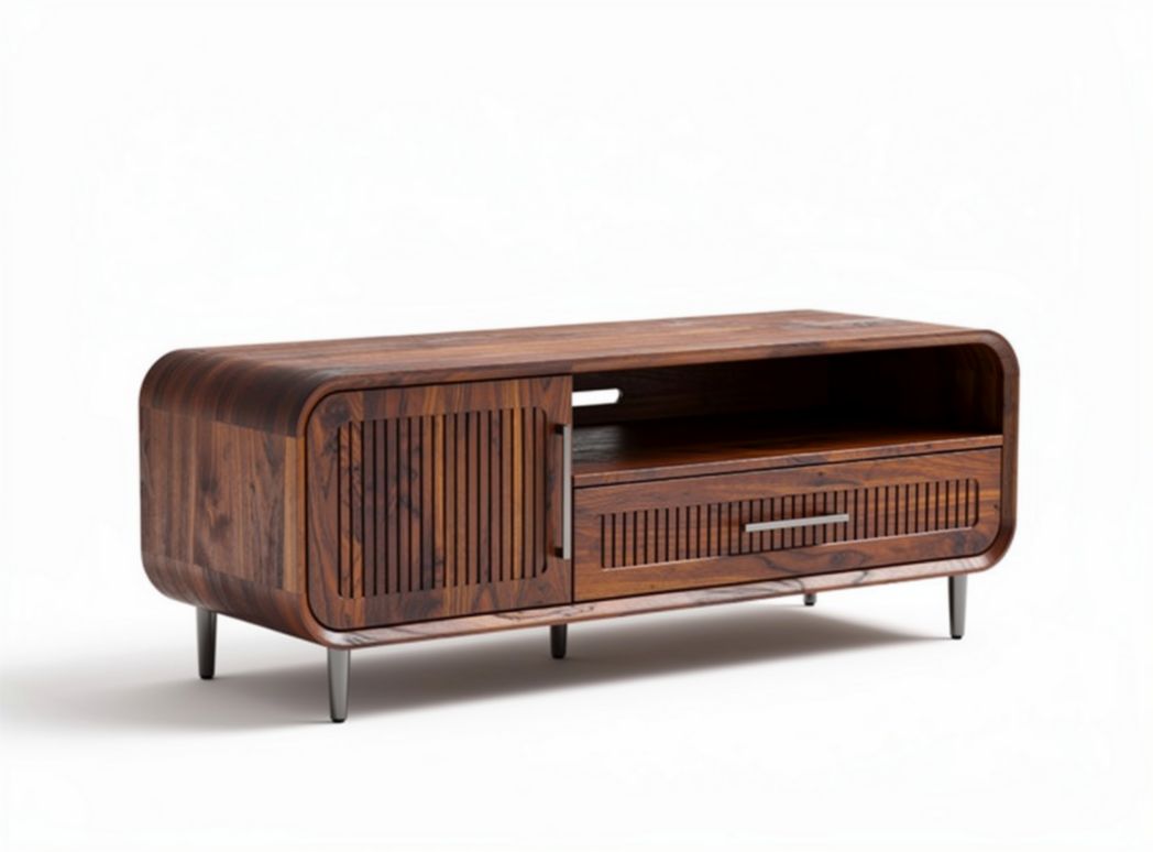 Mid-century modern walnut wood TV stand with storage drawer and shelf 120 x 40 x 50cm
