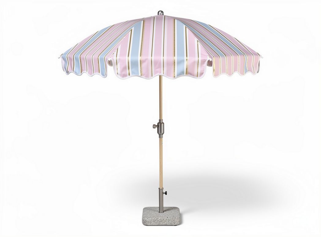 Wooden beach umbrella with striped canopy and sturdy base 240 x 240 x 240cm