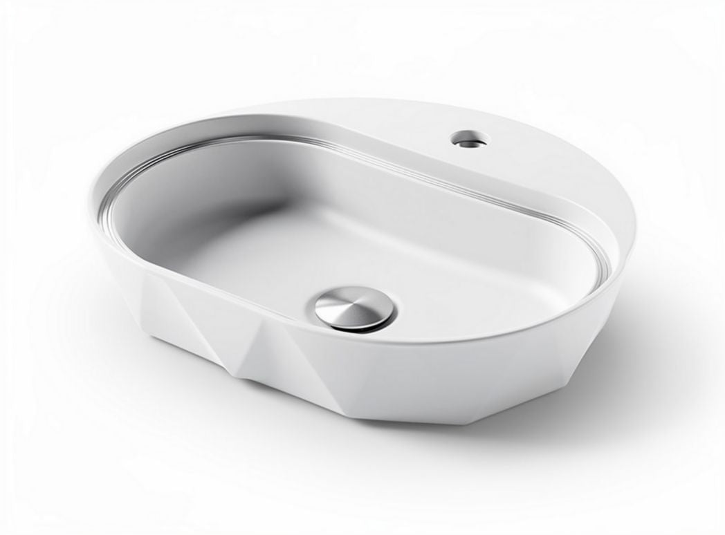 Oval white ceramic bathroom sink with modern geometric design 60 x 40 x 15cm