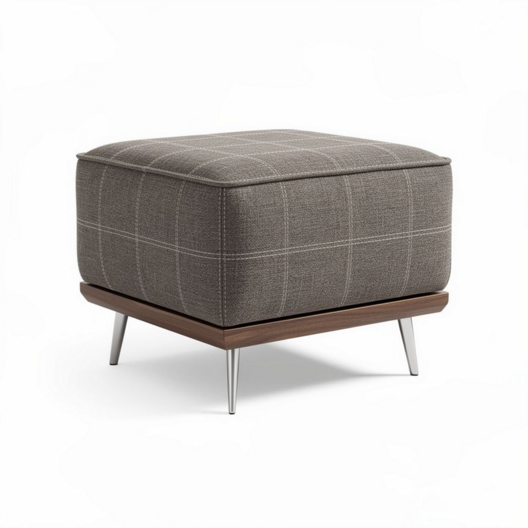Fabric ottoman with wooden base in gray checkered design 60 x 60 x 40cm